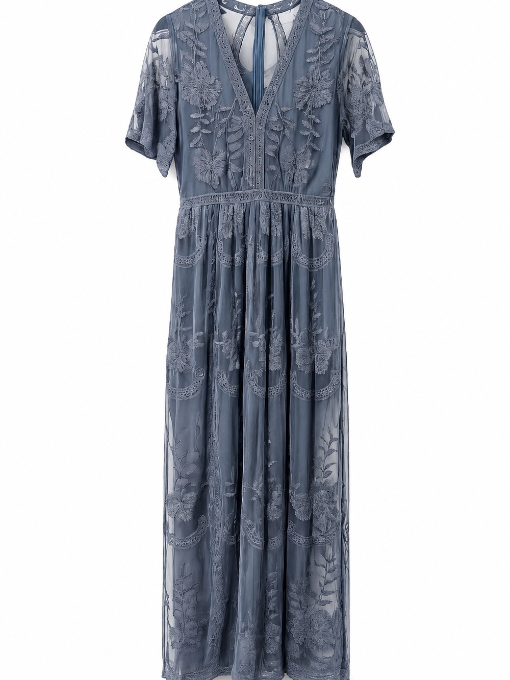 Altar'd State Gray Blue Lace-Trim Maxi Dress